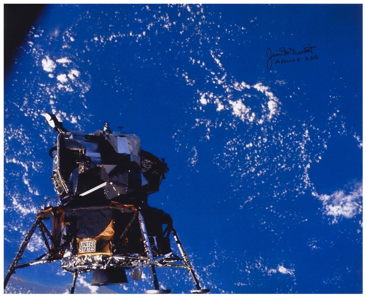 James McDivitt Signed 20'' x 16'' Photo of the Apollo 9 Lunar Module in Low Earth Orbit